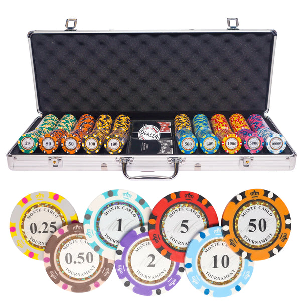monte carlo cash game 500 poker set, colorful poker chips, poker cards, dealer button and poker case