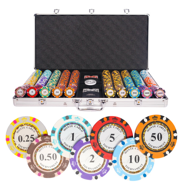 monte carlo cash game 750 poker set, colorful poker chips, poker cards, dealer button and poker case
