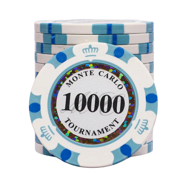 Monte Carlo 10000 tournament poker chips with blue and white design
