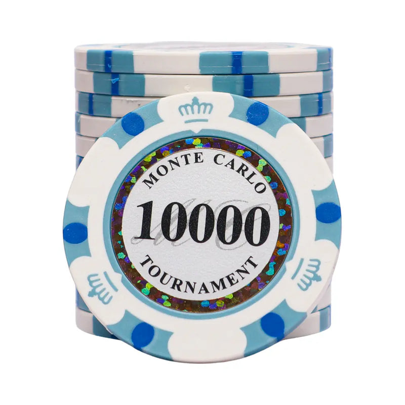 Monte Carlo 10000 tournament poker chips with blue and white design