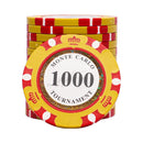 Stack of Monte Carlo tournament poker chips on a white background