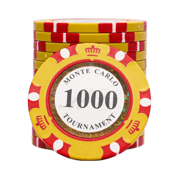 Stack of Monte Carlo tournament poker chips on a white background