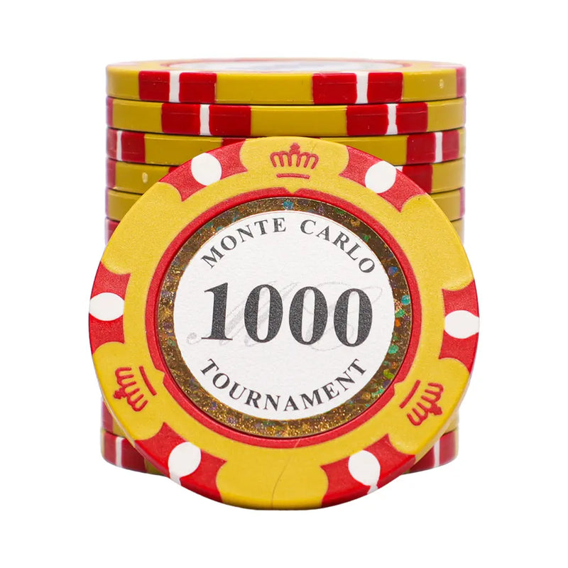 Stack of Monte Carlo tournament poker chips on a white background