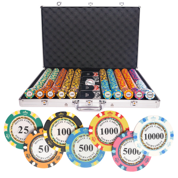 monte carlo tournament 1000 poker set,  colorful poker chips, poker cards, dealer button and poker case