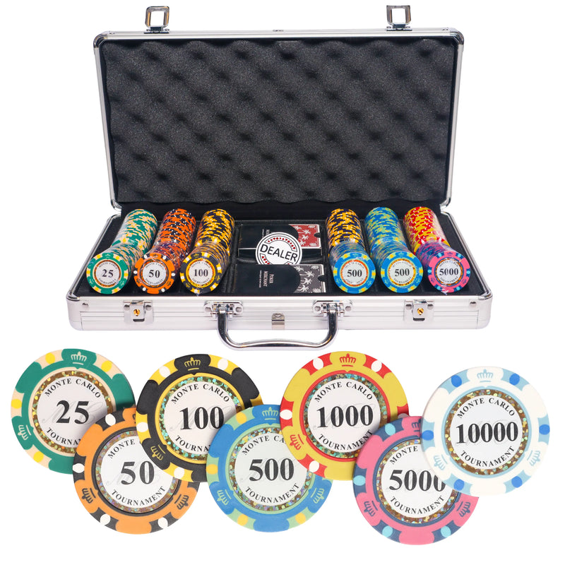 monte carlo tournament 300 poker set,  colorful poker chips, poker cards, dealer button and poker case