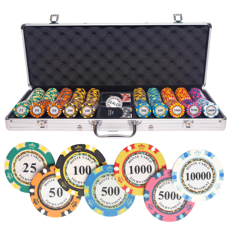 monte carlo tournament 500 poker set,  colorful poker chips, poker cards, dealer button and poker case
