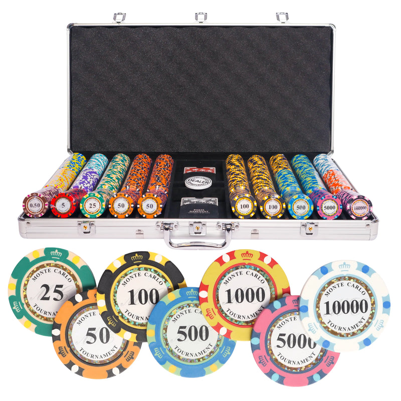 monte carlo tournament 750 poker set,  colorful poker chips, poker cards, dealer button and poker case