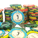 custom golf marker chips design tool, surrounded by colorful poker chips