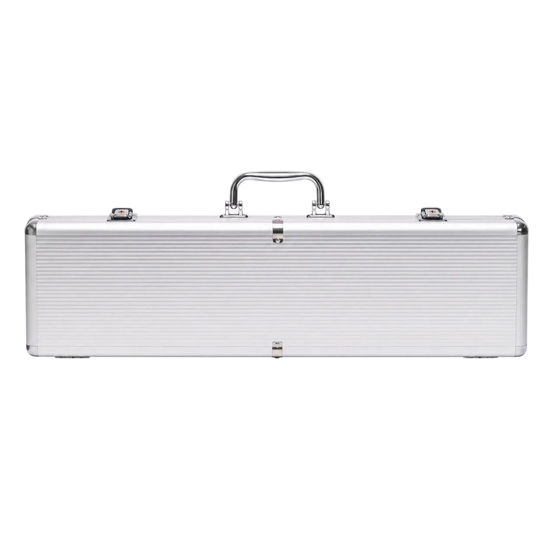 A silver aluminum poker case with a ribbed texture, featuring a top handle, latches, and corner bumpers, shown against a plain white background.