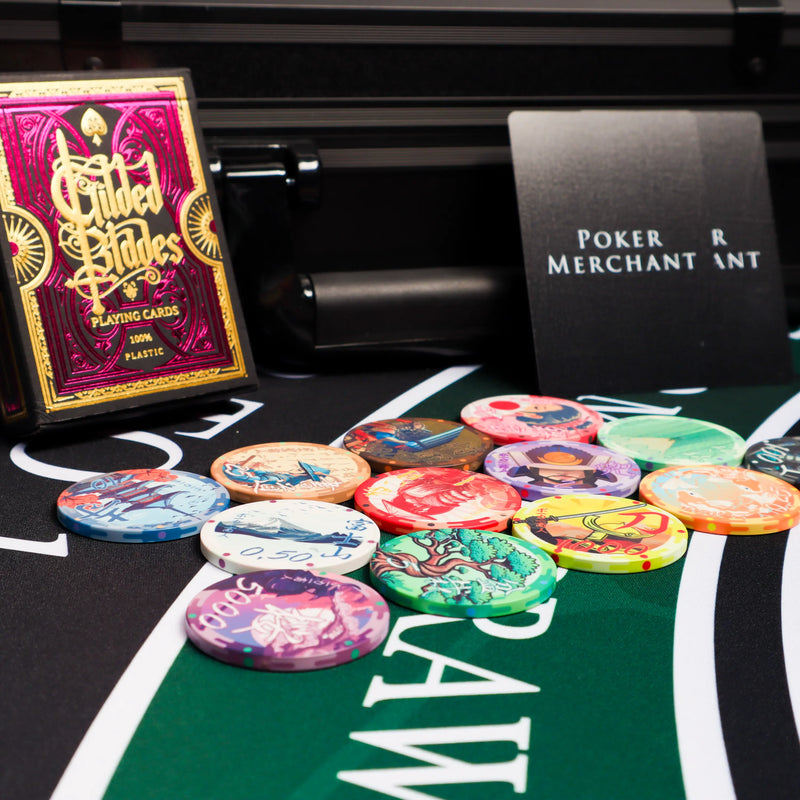 Poker chips and playing cards on a green felt table with 'Poker Merchant' branding.