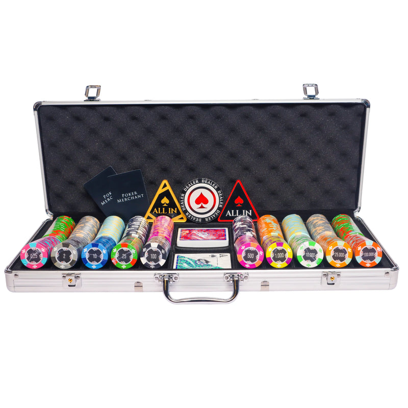 aces 500 poker set, colorful poker chips, Poker cards, Dealer button and Poker case