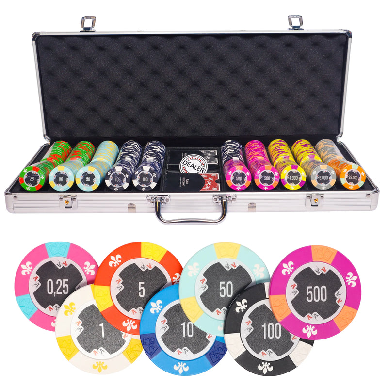 aces 500 poker set, colorful poker chips, poker cards, dealer button and poker case