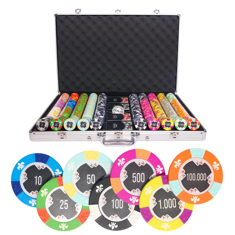 aces 1000 poker set, colorful poker chips, Poker cards, Dealer button and Poker case