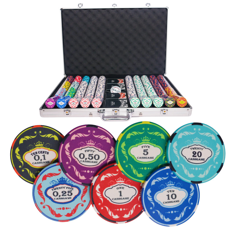 ceramic crown 1000 poker set, poker chips, poker cards, dealer button and poker case