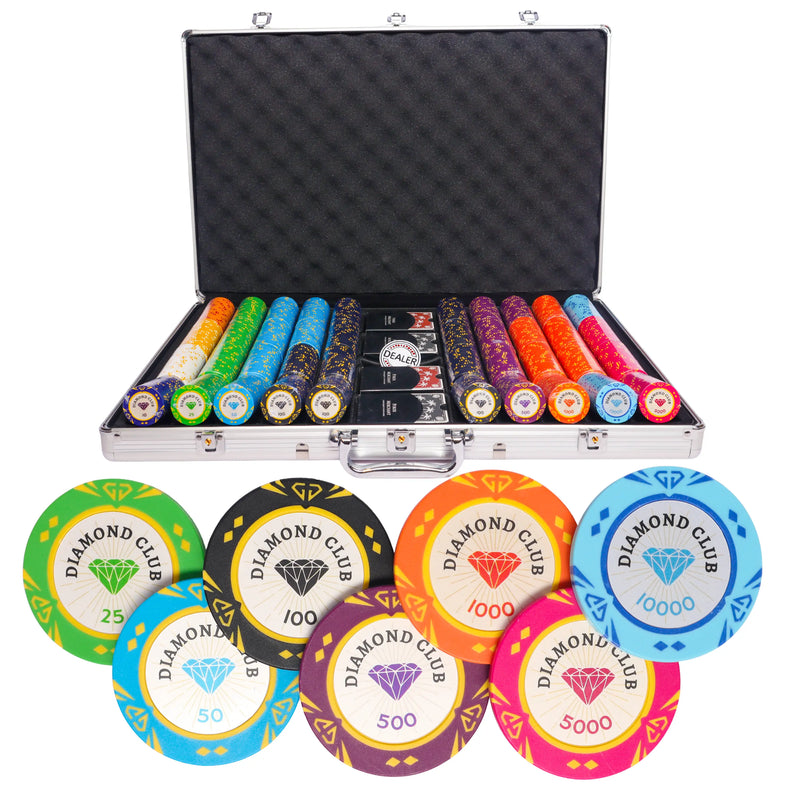 diamond club 1000 poker set tournament, poker chips, poker cards, dealer button and poker case