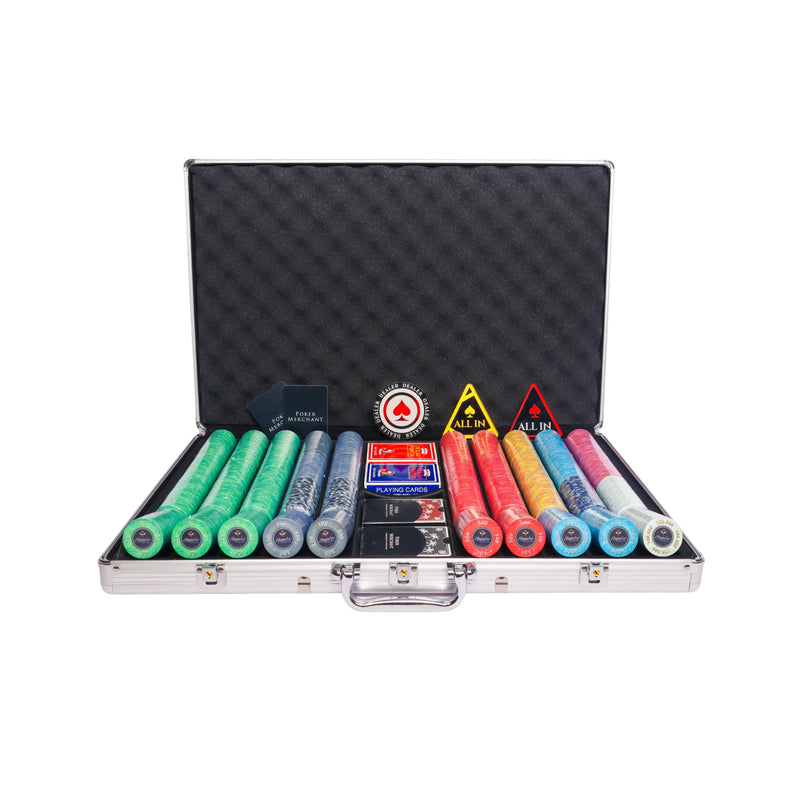 empire 1000 poker set, colorful poker chips, poker cards, dealer button and poker case