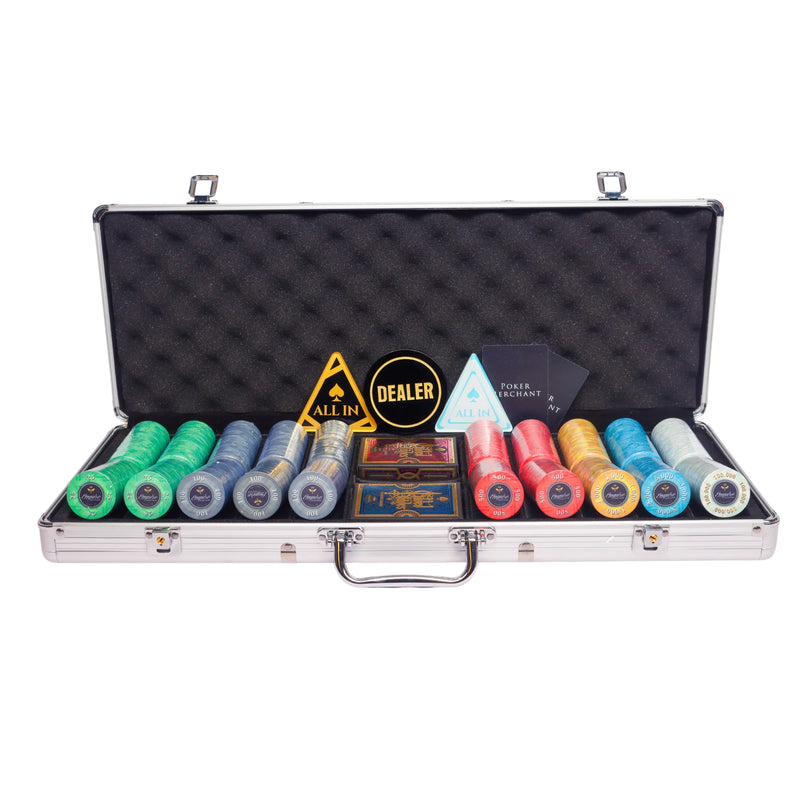 empire 500 poker set, colorful poker chips, Poker cards, Dealer button and Poker case