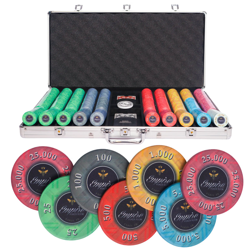 empire 750 poker set, poker chips, poker cards, dealer button and poker case