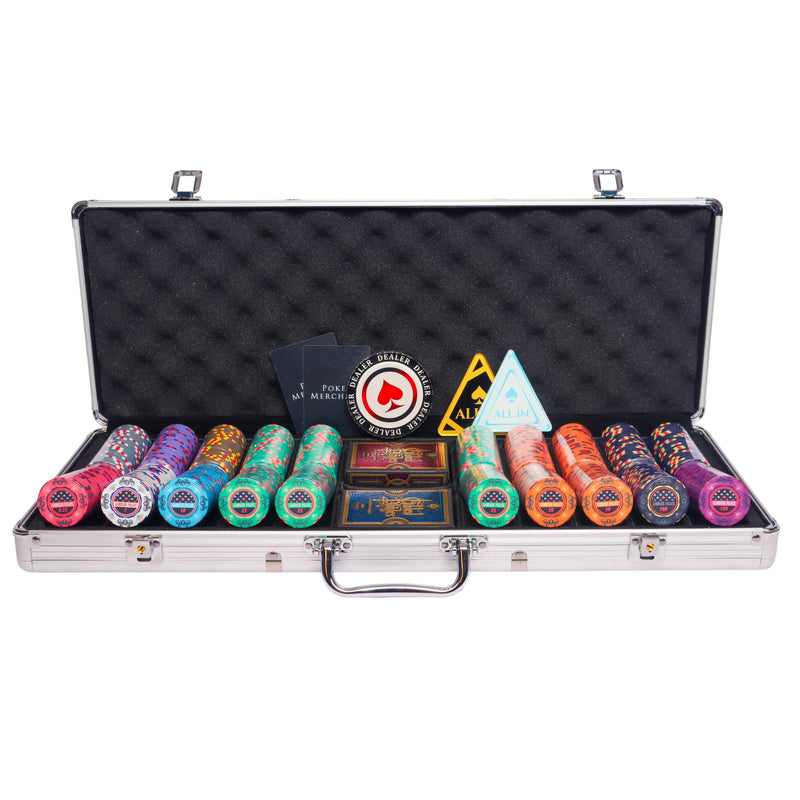 gambler palace 500 poker set, colorful poker chips, Poker cards, Dealer button and Poker case