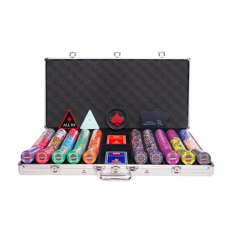 gambler palace 750 poker set, colorful poker chips, Poker cards, Dealer button and Poker case