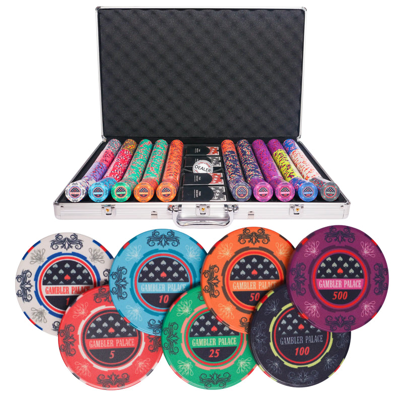 Gambler palace 1000 poker set, poker chips, poker cards, dealer button and poker case