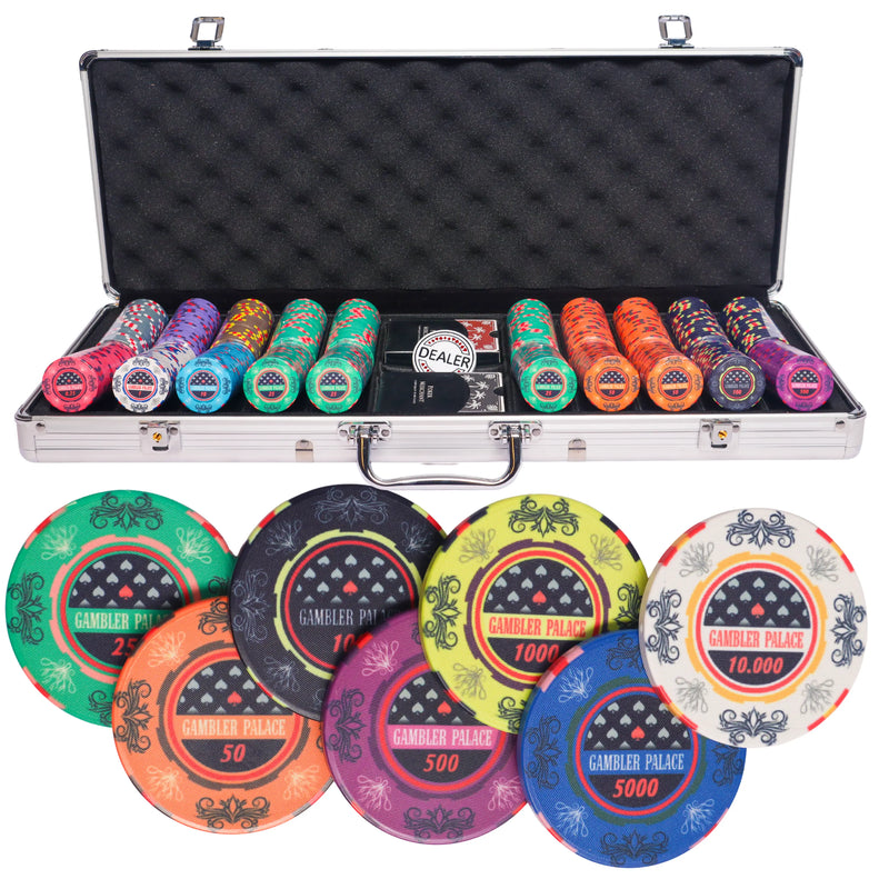 gambler palace 500 poker set, poker chips, poker cards, dealer button and poker case
