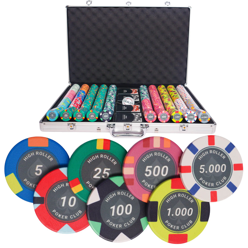 high roller 1000 poker set, poker chips, poker cards, dealer button and poker case