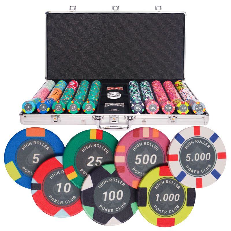 high roller 750 poker set, poker chips, poker cards, dealer button and poker case