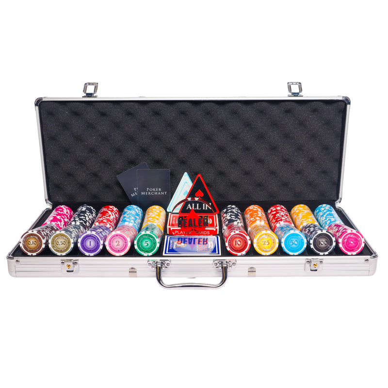 lazar suits 500 poker set, colorful poker chips, poker cards, dealer button and poker case