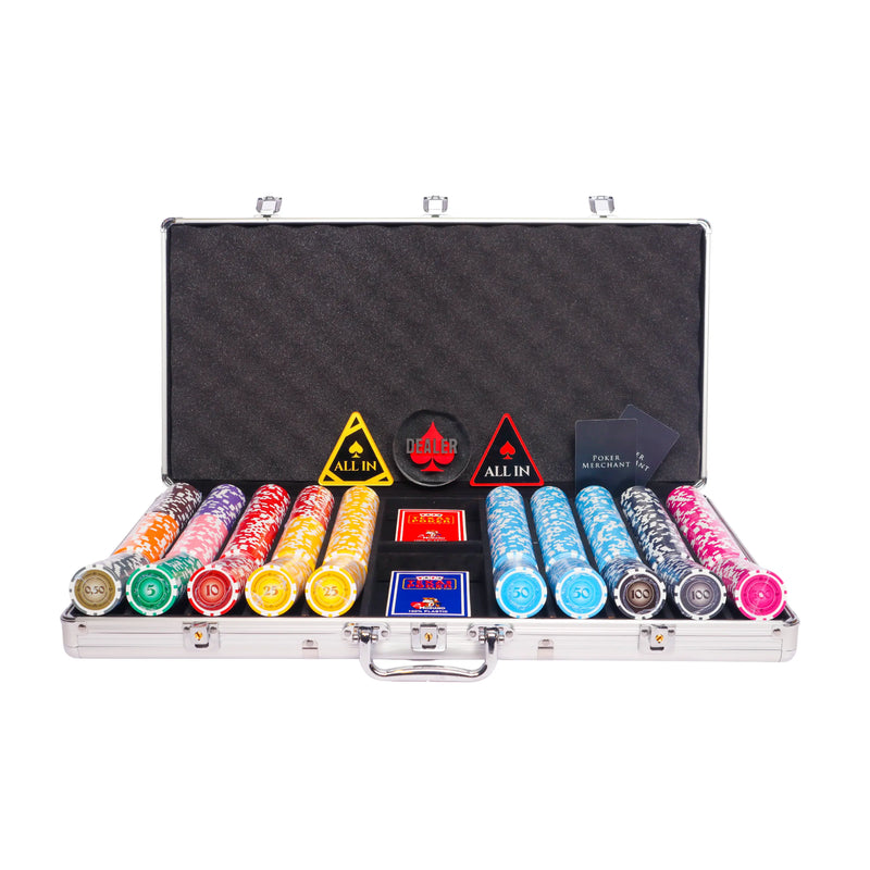 lazar suits 750 poker set, colorful poker chips, Poker cards, Dealer button and Poker case