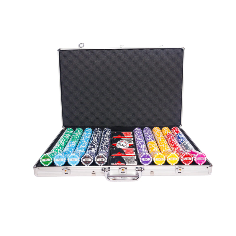 lazar tournament 1000 poker set, colorful poker chips, poker cards, dealer button and poker case