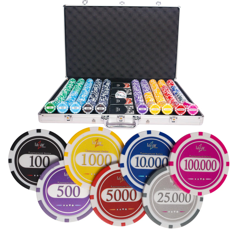 lazar tournament 1000 poker set, poker chips, poker cards, dealer button and poker case