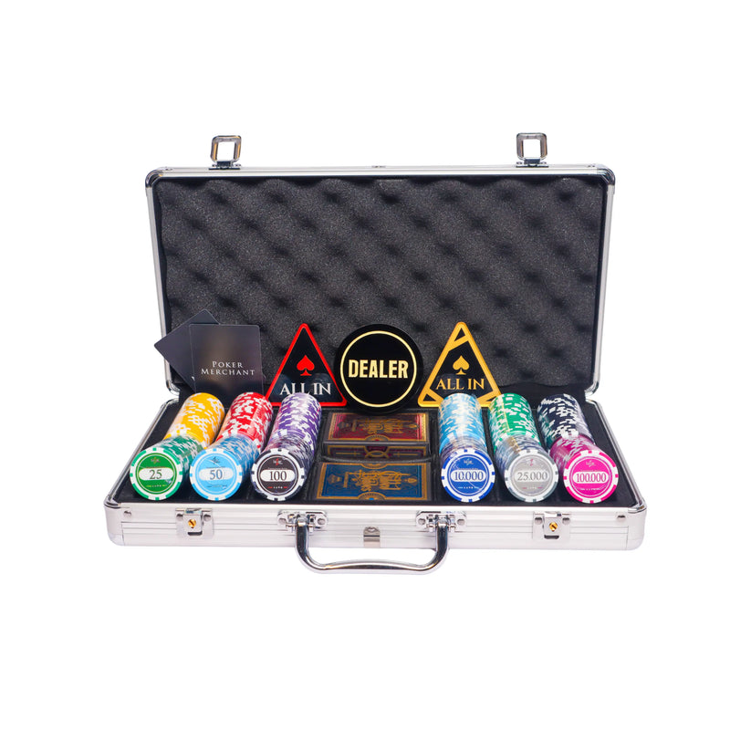 lazar tournament 300 poker set, colorful poker chips, poker cards, dealer button and poker case