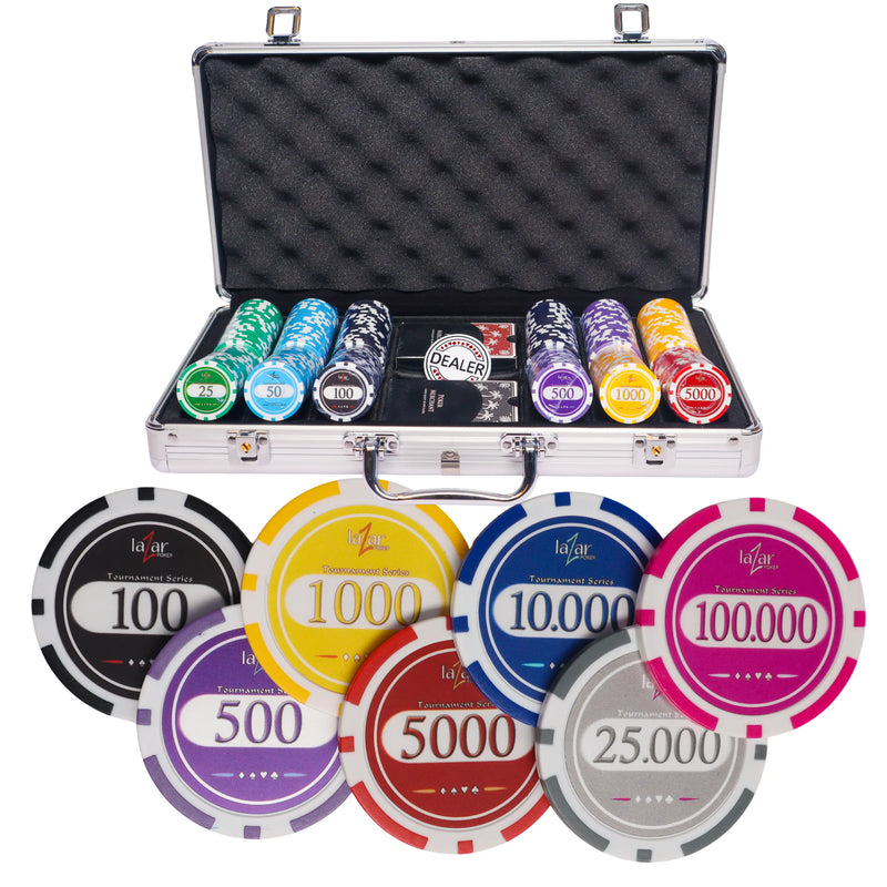 lazar tournament 300 poker set, poker chips, poker cards, dealer button and poker case