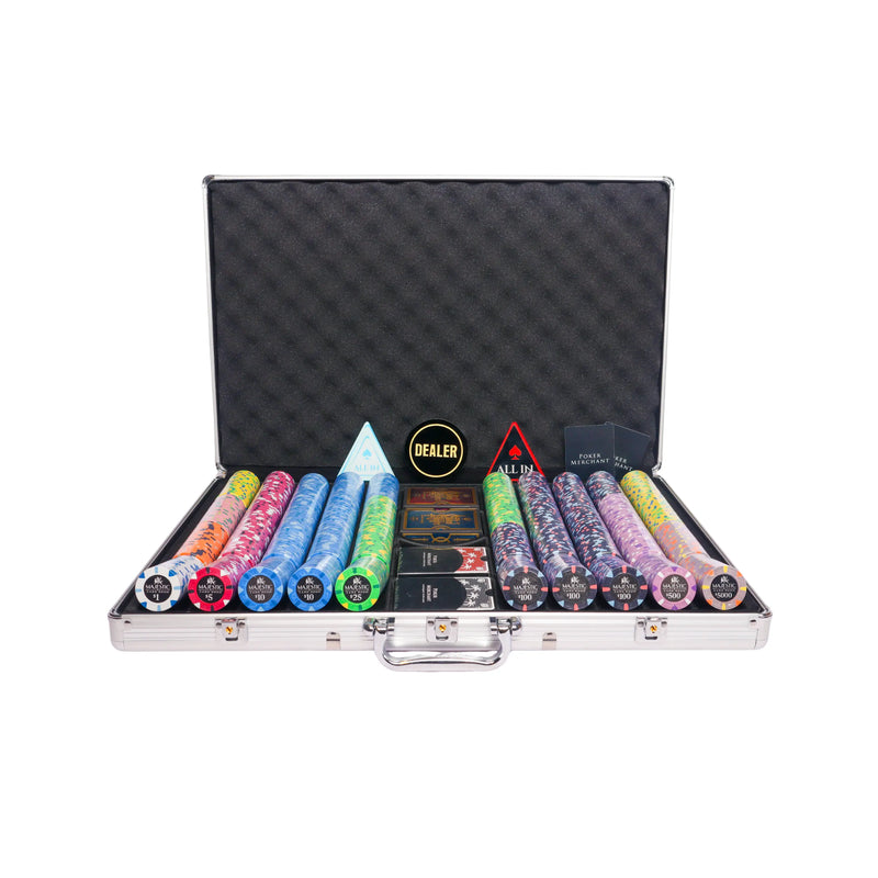 majestic 1000 poker set, colorful poker chips, poker cards, dealer button and poker case