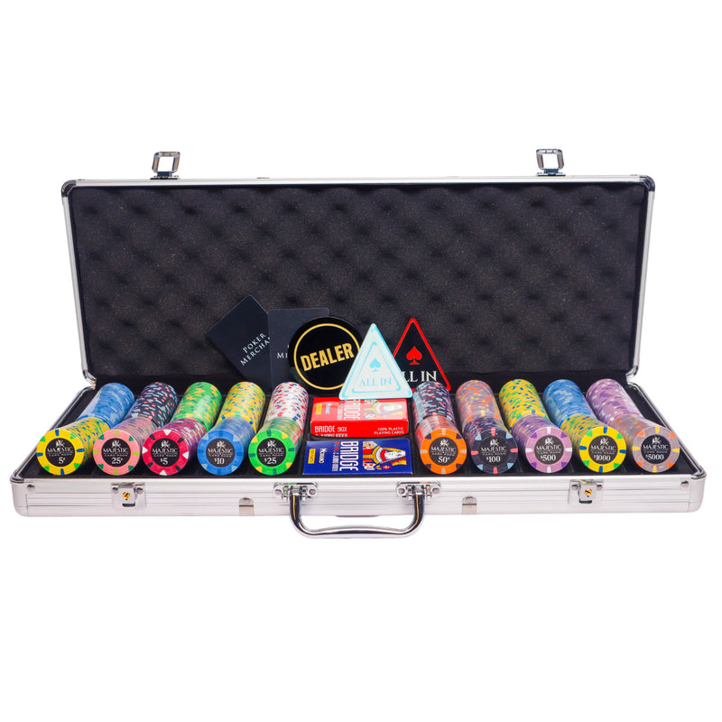majestic 500 poker set, colorful poker chips, Poker cards, Dealer button and Poker case