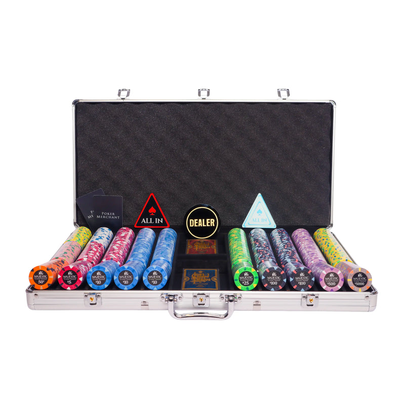 majestic 750 poker set, colorful poker chips, Poker cards, Dealer button and Poker case