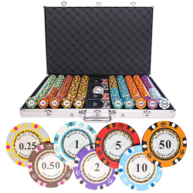 monte carlo cash game 1000 poker set, colorful poker chips, poker cards, dealer button and poker case