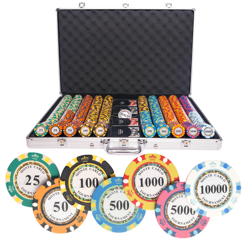monte carlo tournament 1000 poker set, colorful poker chips, poker cards, dealer button and poker case