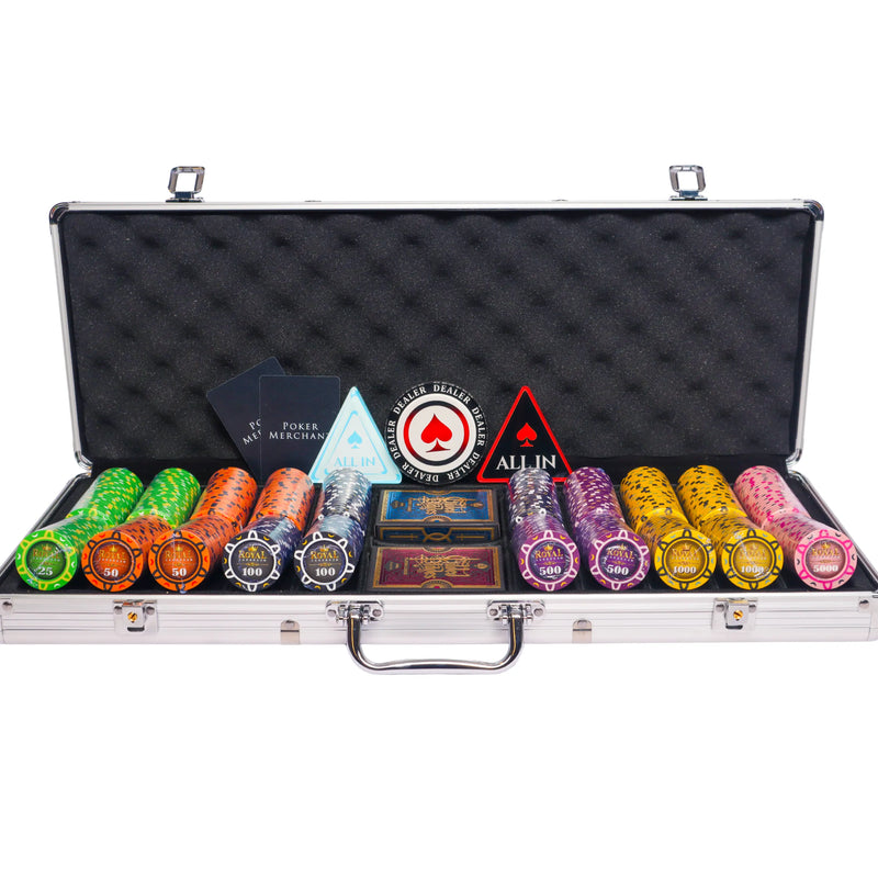 royal cardroom 500 poker set, colorful poker chips, poker cards, dealer button and poker case