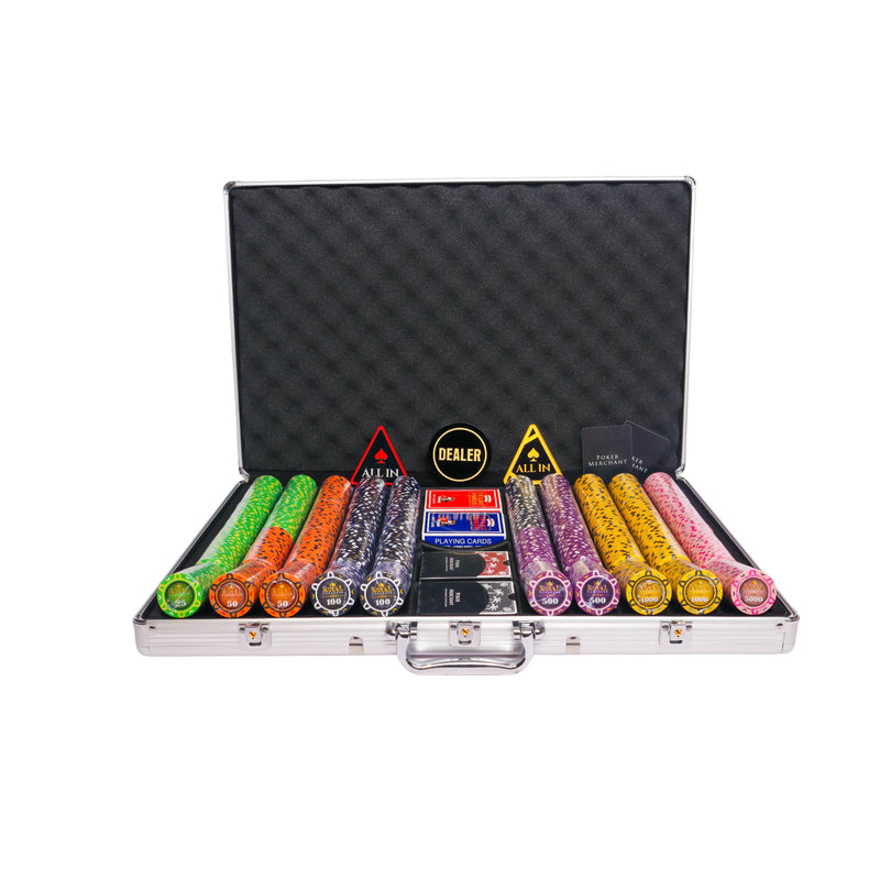 royal cardroom 1000 poker set, colorful poker chips, Poker cards, Dealer button and Poker case