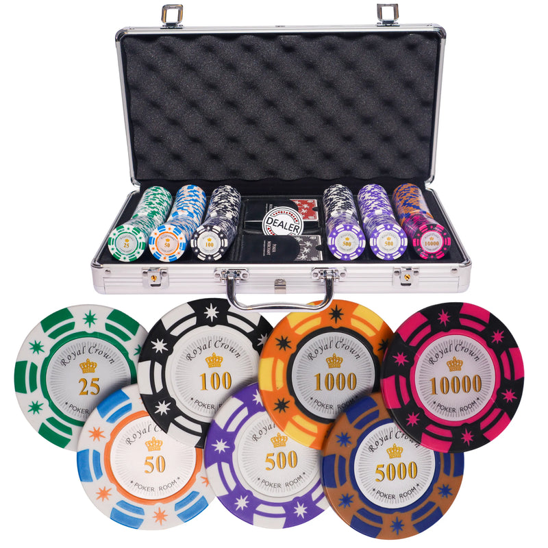 royal crown 300 poker set, poker chips, poker cards, dealer button and poker case