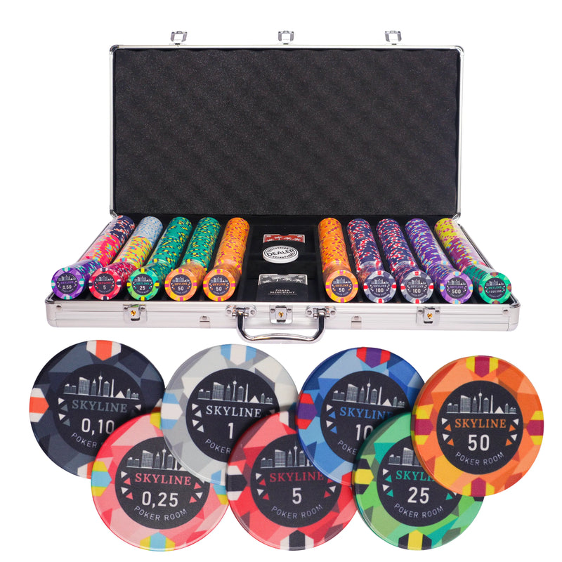 skyline 750 poker set cash, colorful poker chips, poker cards, dealer button and poker case
