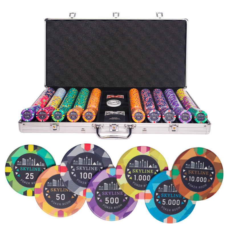 skyline poker set, colorful poker chips, poker cards, dealer button and poker case