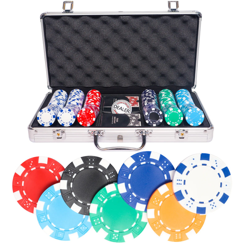 dice 300 poker set, colorful poker chips, poker cards, dealer button and poker case