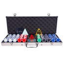 the dice 500 poker set, colorful poker chips, poker cards, dealer button and poker case