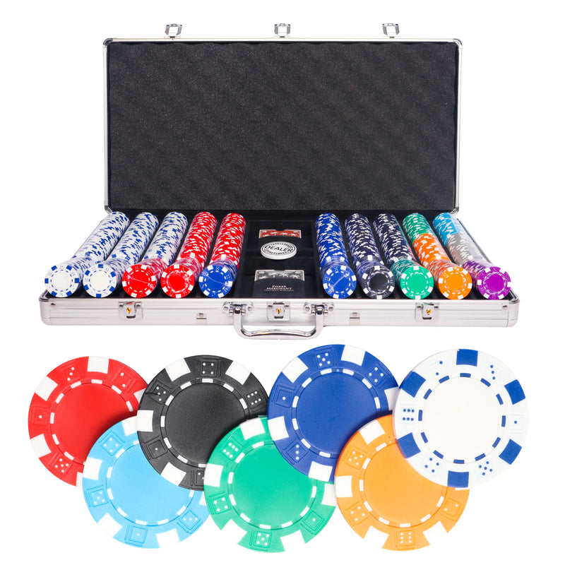 dice 750 poker set, colorful poker chips, poker cards, dealer button and poker case