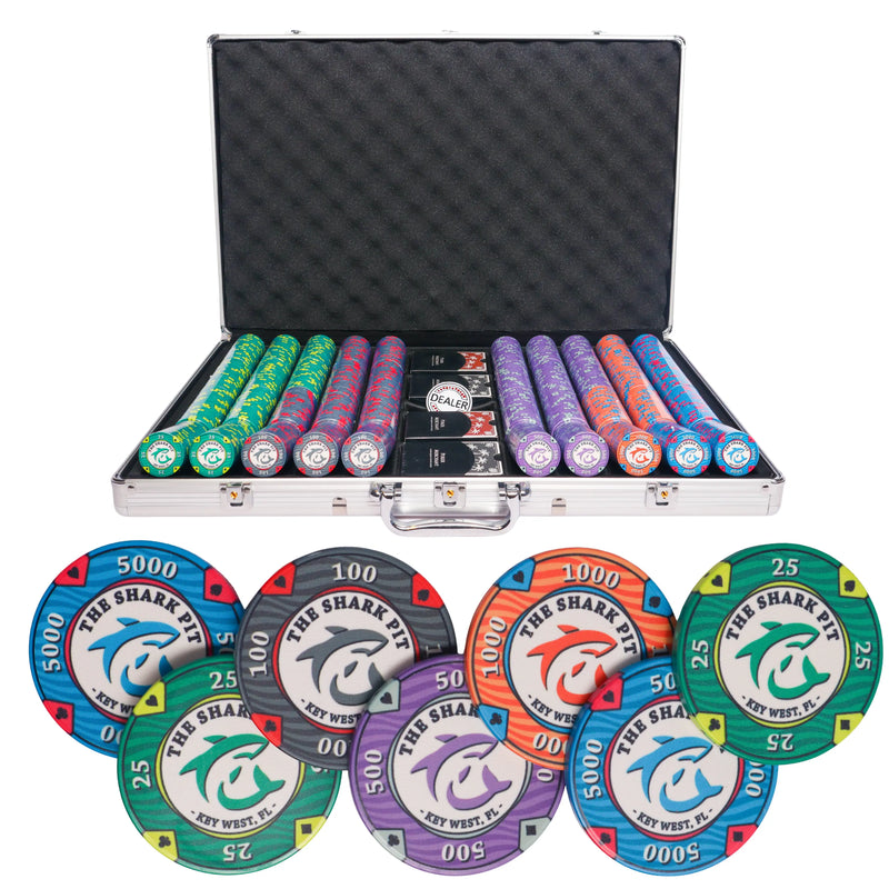 shark pit 1000 poker set, poker chips, poker cards, dealer button and poker case