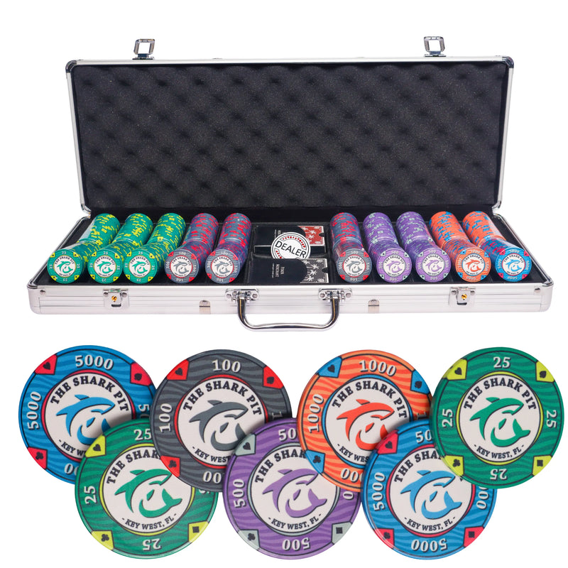 shark pit 500 poker set, poker chips, poker cards, dealer button and poker case