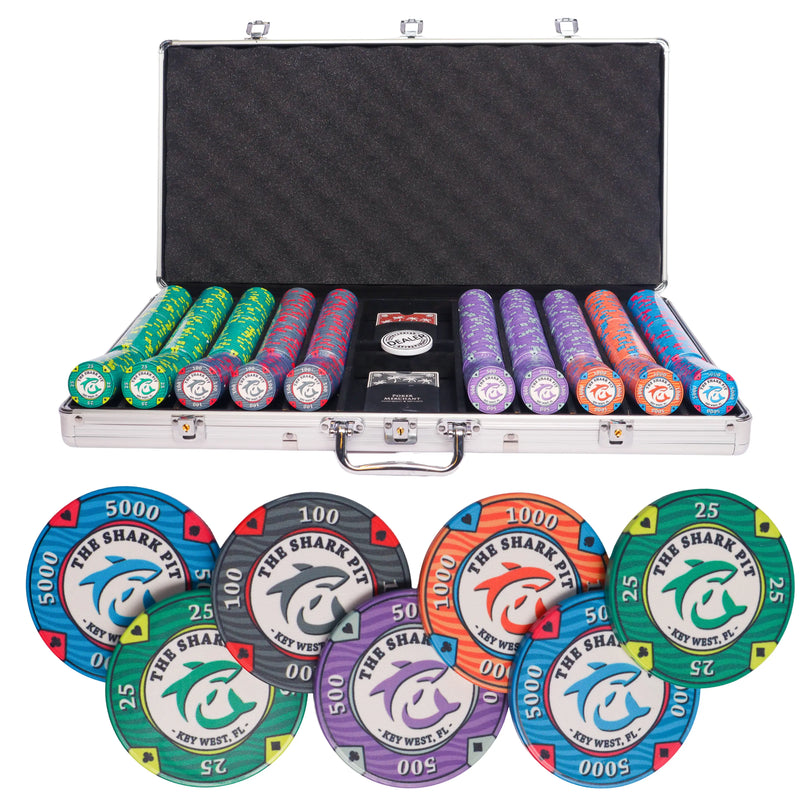 shark pit 750 poker set, poker chips, poker cards, dealer button and poker case